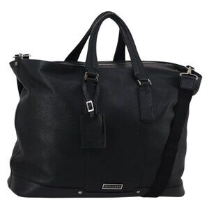 BVLGARI Boston Bag Leather 2way Black Silver Auth
